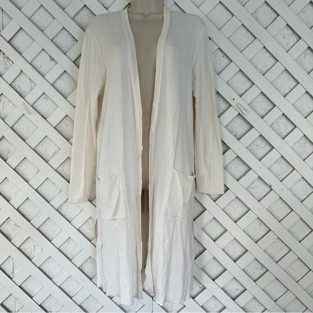 J Jill Long Ivory Ribbed Knit Cardigan Silk Blend Button Front Size LP